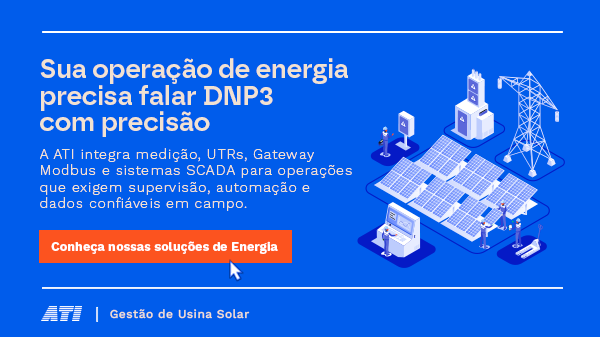 Banner comercial com fundo azul e botão laranja explicando a importância do DNP3 para soluções de energia e com um diagrama de usina solar à direita.