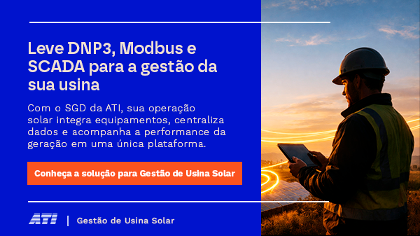 Banner explicando a importância das soluções para gestão de usinar solar com fundo azul e botão laranja com a chamada "Conheça a solução para Gestão de Usinar Solar". À direita, um homem com equipamentos de proteção segura um tablet.